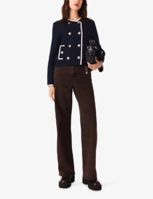 Maje Womens Navy Structured Contrast-trim Wool-blend Jacket In Blue