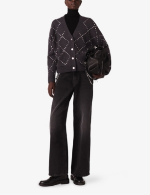 Maje Womens Grey Checked Rhinestone-embellished Wool-blend Cardigan In Gray