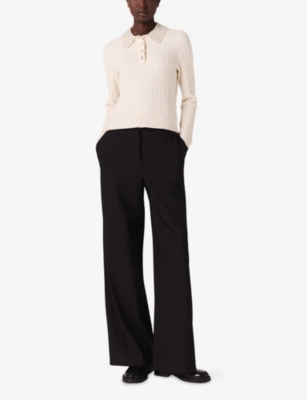 Maje Womens Ecru Rhinestone-collar Stretch Wool-blend Polo In Neutral