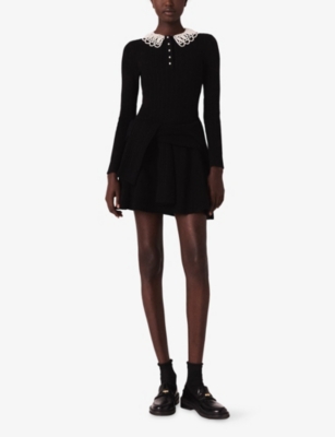 MAJE: Short Beaded-Collar Stretch-Knit Mini Dress