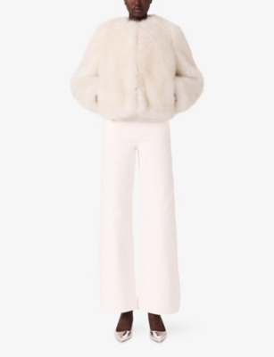 Maje Womens Ivory Round-neck Patch-pocket Faux-fur Jacket In White