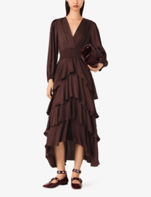 MAJE: Ruffled V-Neck Woven Maxi Dress
