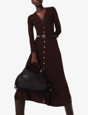 MAJE: Buttoned V-Neck Long-Sleeve Stretch-Knit Midi Dress