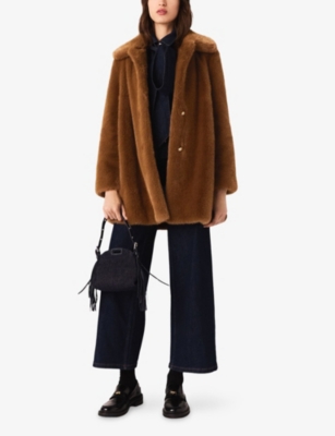 Maje Womens Brown Collared Mid-length Faux-fur Coat In Brown