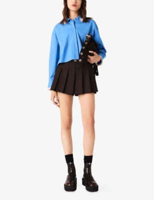 Maje Womens Blue Cropped Diamanté-embellished Stretch-cotton Shirt In Blue