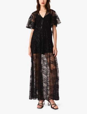 Maje Womens Black Butterfly Sequin-embroidered Lace Maxi Dress In Black