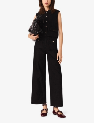 Maje Womens Black Velvet-trim Pearl-embellished Stretch-tweed Top In Black