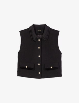 Maje Womens Black Velvet-trim Pearl-embellished Stretch-tweed Top In Black