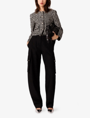 MAJE: Houndstooth Round-Neck Tweed Jacket