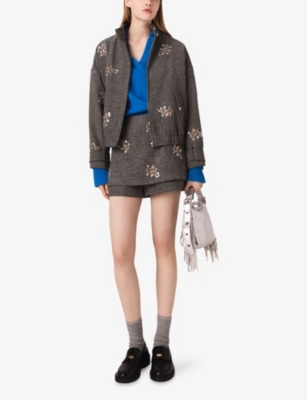 MAJE: Herringbone Floral-Embroidered Woven Shorts