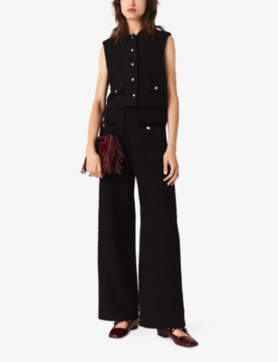 Maje Womens Black Velvet-stripe Wide-leg Tweed Trousers In Black