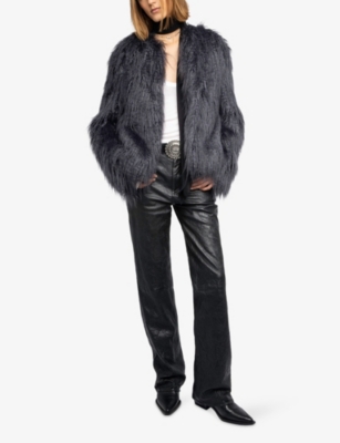 Zadig & Voltaire Womens Anthracite Freddie Single-breasted Faux-fur Coat Xs In Blue
