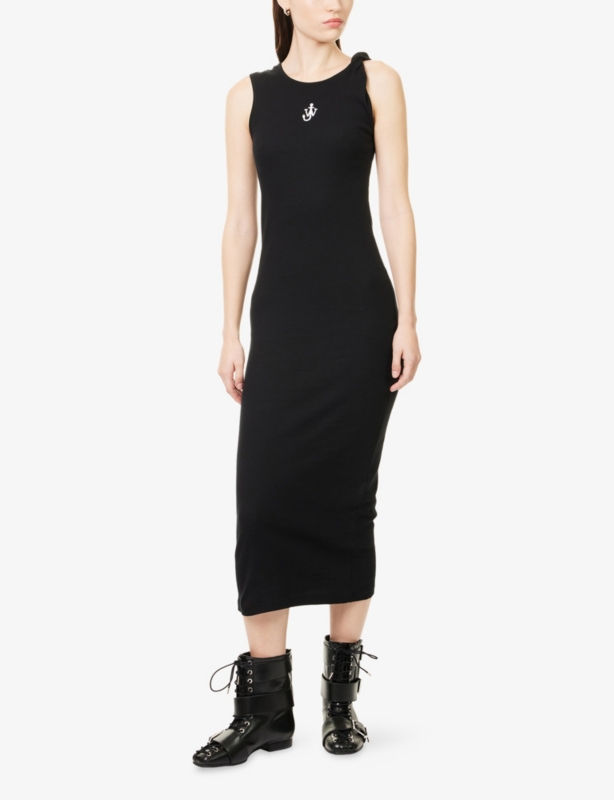 Anchor Embroidery Twisted-Strap Cotton-Jersey Midi Dress