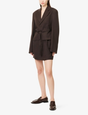 Jw Anderson Mens Dark Brown Cropped Notch-lapels Woven Jacket In Brown