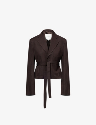 Jw Anderson Mens Dark Brown Cropped Notch-lapels Woven Jacket In Brown