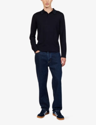 Ps By Paul Smith Mens  Long-sleeve Button-up Merino-wool Polo Shirt In Blue