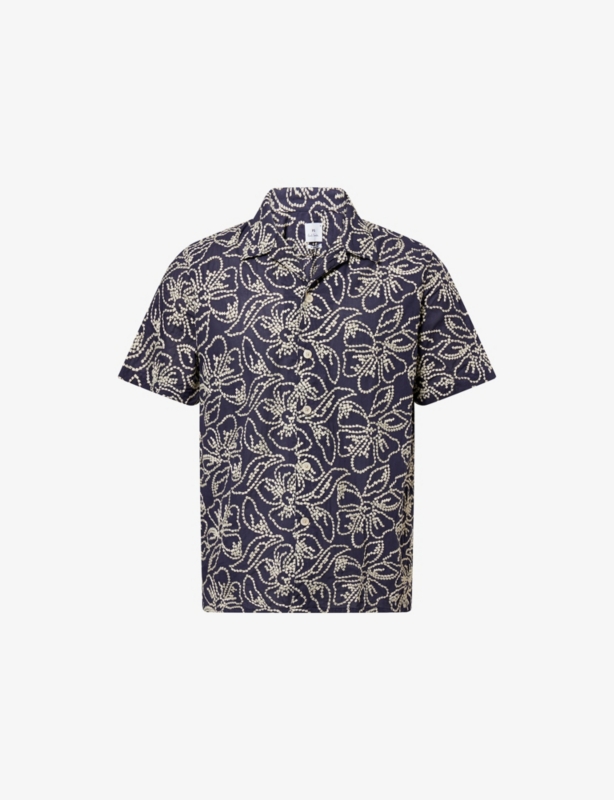 Floral-Embroidered Short-Sleeve Cotton-Blend Shirt