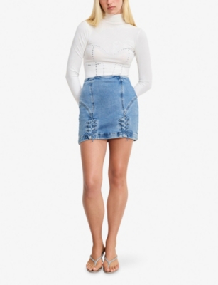 Good American Womens Indigo1090  X Dolly's Joleans By Dolly Parton Lace-up Stretch-denim Mini Skirt In Blue