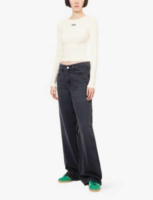 Ru & Rocka Womens Butter Cream Logo-patch Ribbed Cotton Top In Yellow