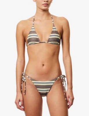 Ru & Rocka Womens Lemon Brown Stripe-print Bikini Top In Multi