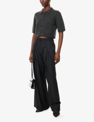 Me And Em And Em Womens Dark Charcoal Pleated Wide-leg Wool-blend Trousers In Black