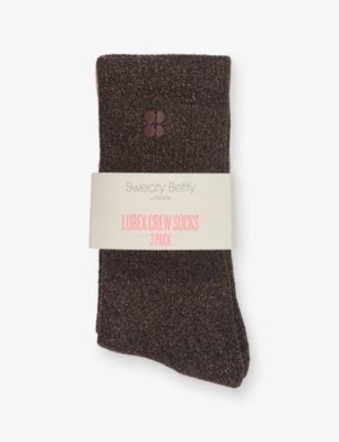 Sweaty Betty Womens Logo-embroidered Pack Of Three Stretch-cotton Crew Socks Brown Beige White In Animal Print