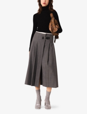 Maje Womens Grey Pleated High-rise Stretch-woven Midi Skirt In Gray