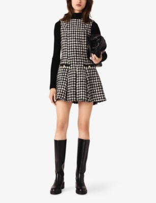 Maje Womens Black / White Houndstooth Flared Tweed Mini Dress In Multi