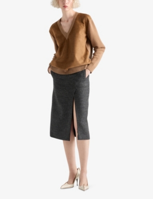 Prada Womens Brown V-neck Suede And Cashmere Jumper In Brown