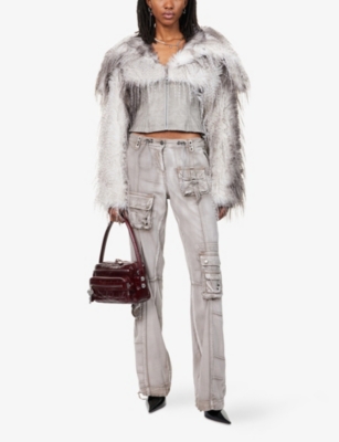Jaded London Womens Grey Faux-feather Lace-up Faux-leather Jacket In Gray