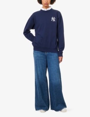 Sporty And Rich Womens Dark Navy Sporty & Rich For '47 X The New York Yankees Serif Round-neck Cotton-jersey Sweatsh In Blue
