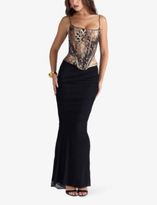 House Of Cb Womens Gold Leopard Print Cadie Graphic-print Satin Corset To In Gold