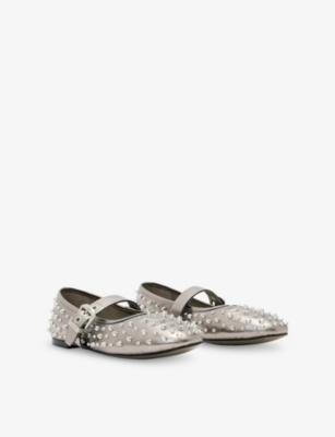 Allsaints Womens Gunmetal Grey Holly Stud Leather Ballet Flats Eur 38/5 Uk In Gray