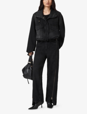 Allsaints Womens Washed Black Frankie Zipped Wide-leg High-rise Jeans In Black