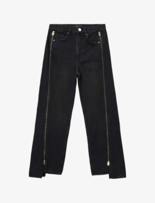 Allsaints Womens Washed Black Frankie Zipped Wide-leg High-rise Jeans In Black