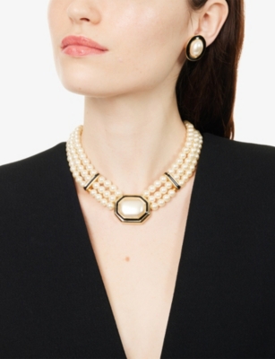 Jennifer Gibson Jewellery Womens Pre-loved Jennifer Gibson Deco Collar And Earrings Set Pearl Gold Black In Gold