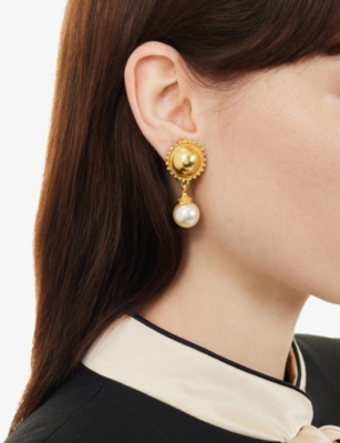 Jennifer Gibson Jewellery Womens Pre-loved Sunburst Gold-plated Metal And Pearl Droplet Clip-on Earrings Pearl Gold In Gold