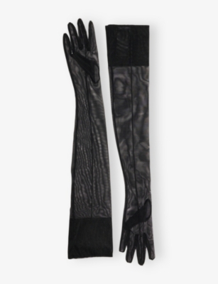 Mugler Womens Black Sheer Mesh Stretch-woven Long Gloves