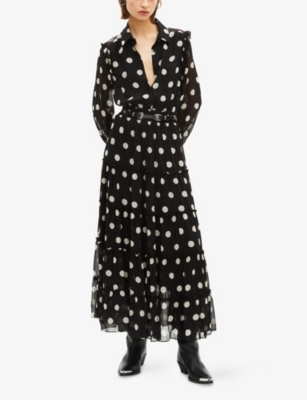The Kooples Womens Black White Polka-dot Long-sleeve Woven Maxi Dress In Black