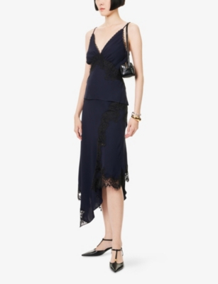 Veronica Beard Womens Navy Hartley Asymmetric Woven Midi Skirt In Blue
