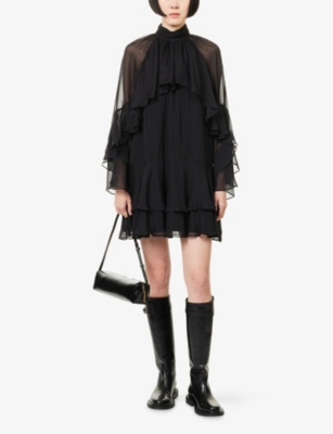 Veronica Beard Adlington Ruffle Detail Long Sleeve Silk Chiffon Dress In Black