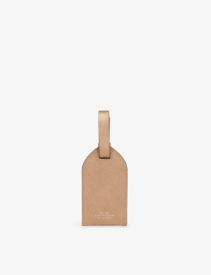 Smythson Bronze Panama Leopard Leather Luggage Tag In Brown