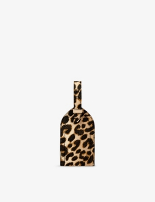 Smythson Sandstone Panama Leopard Leather Luggage Tag In Brown