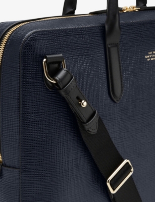 Smythson Mens Navy Panama Slim Leather Briefcase In Blue