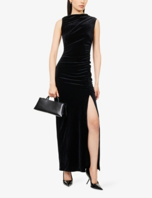 Good American Womens Black001 Velvet Ruched Stretch-woven Midi Dress In Black
