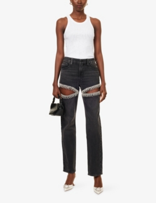 Good American Good Icon High Rise Straight Rhinestone Cutout Jeans In K376 In Black