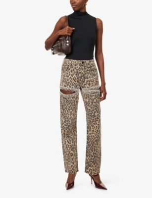 Good American Womens Lucky Leopard001 Good Icon Straight-leg Stretch-denim Blend Jeans In Brown