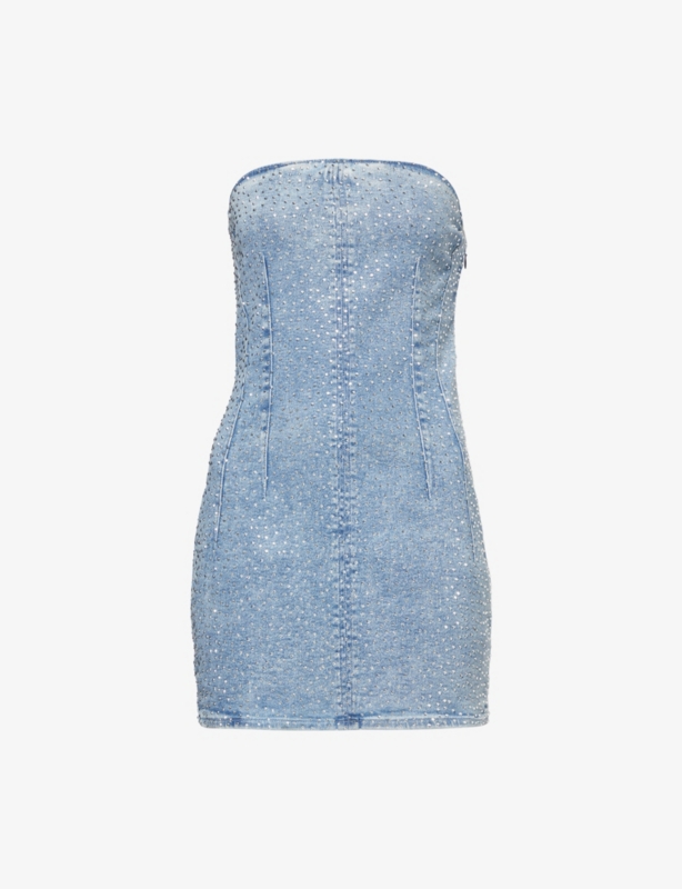 Crystal Strapless Stretch-Denim Blend Mini Dress