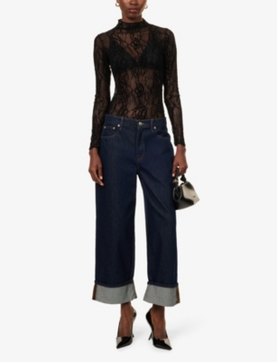 Good American Womens Black001 Long-sleeves Mock-neck Lace Bodysuit In Black