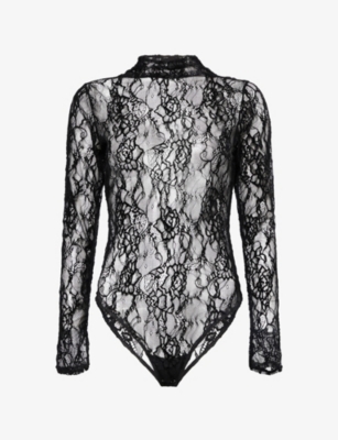 Good American Womens Black001 Long-sleeves Mock-neck Lace Bodysuit In Black